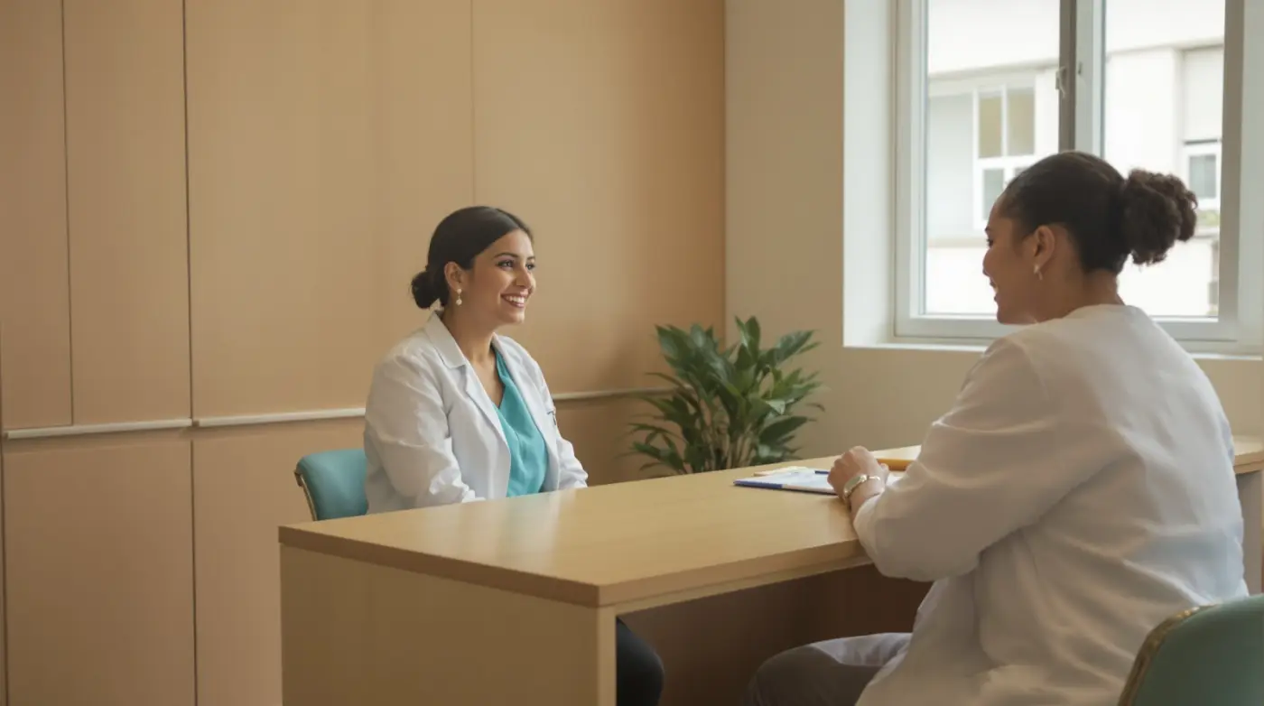 Especialista conversando com uma paciente numa sala de consulta